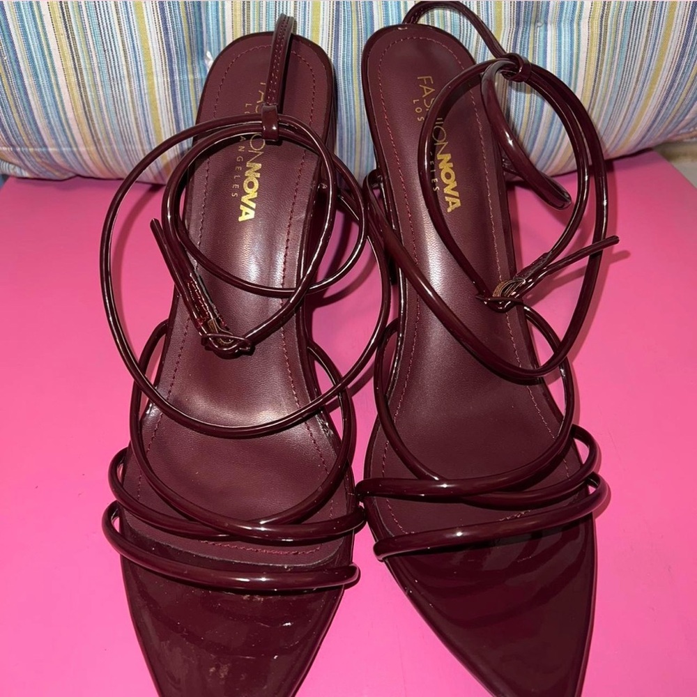 Fashion Nova Brown patent leather high heels with ankle strap
